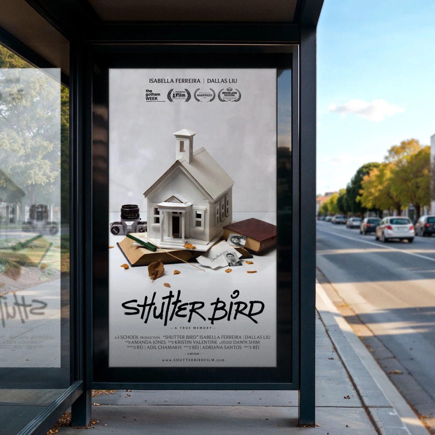 Shutter Bird movie poster displayed on a bus shelter